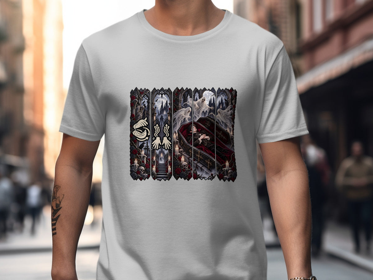 T-shirt graphic features gothic scenes with ghosts, skulls, roses, and a vampire in a coffin.