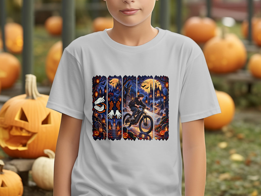 T-shirt graphic of a boy on a bike in a spooky graveyard at night.