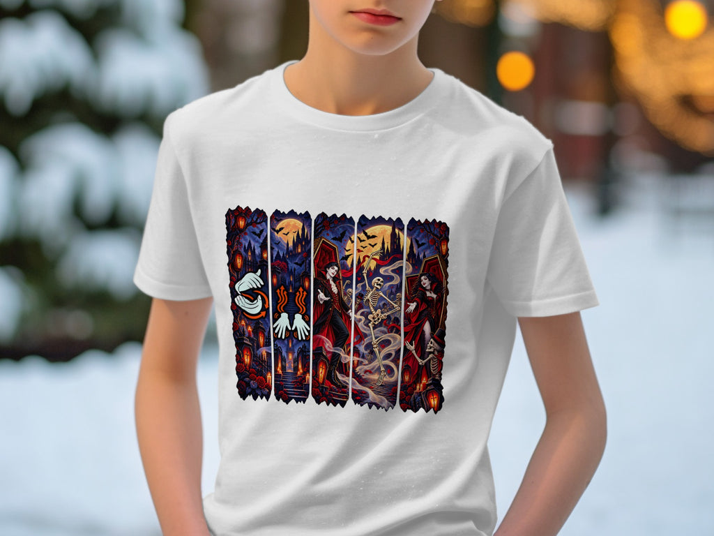 T-shirt with a Halloween-themed collage of vampires, skeletons, and spooky scenes.