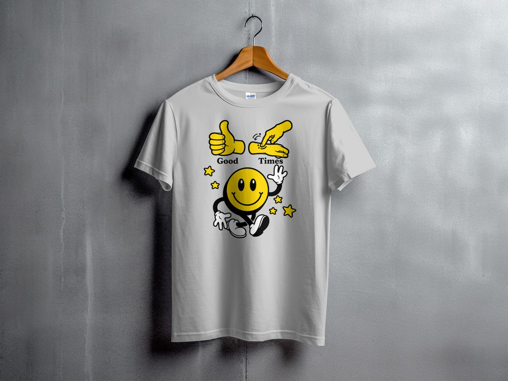 White t-shirt with yellow smiley face, stars, and "Good Times" text graphic.