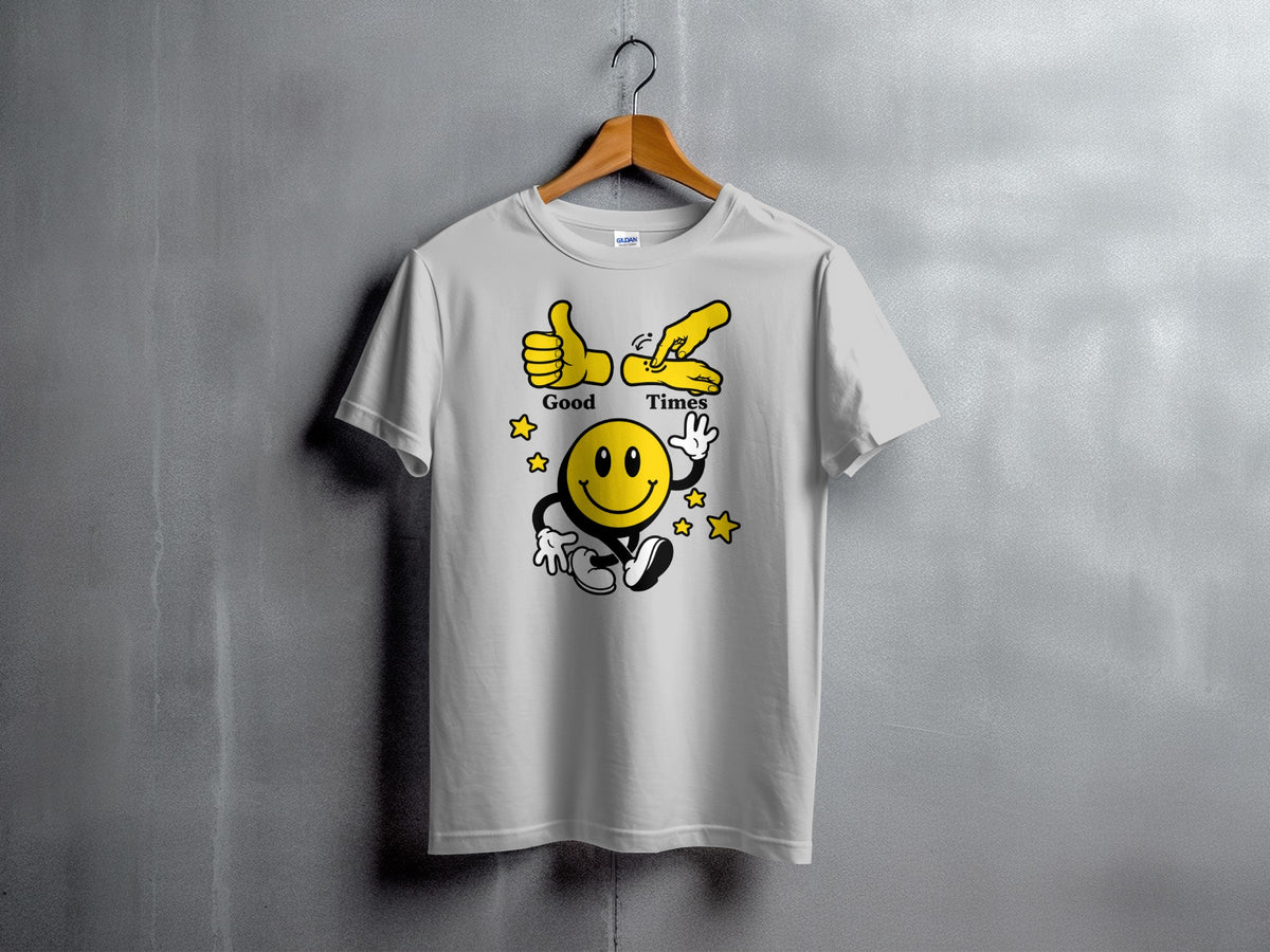 White t-shirt with yellow smiley face, stars, and "Good Times" text graphic.