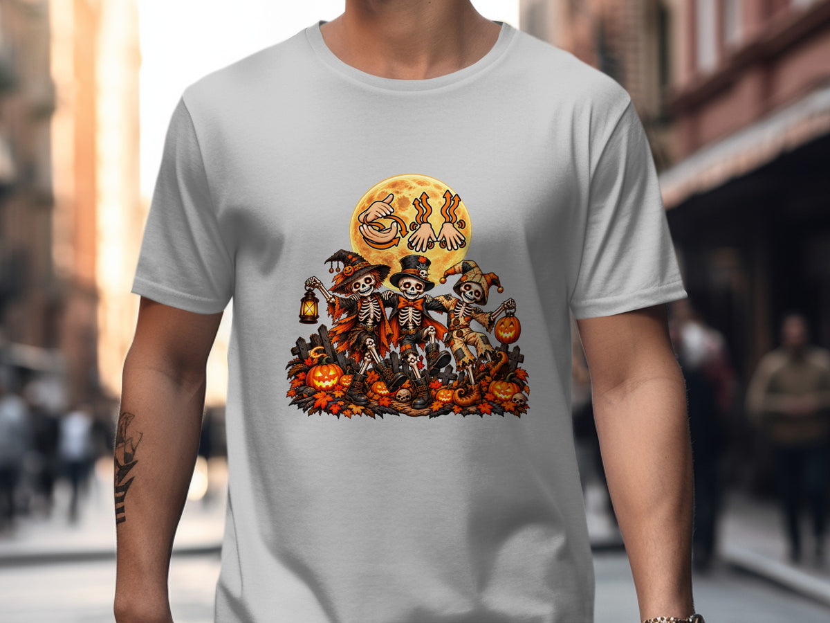 Skeleton characters in Halloween costumes stand before a full moon and autumn leaves.