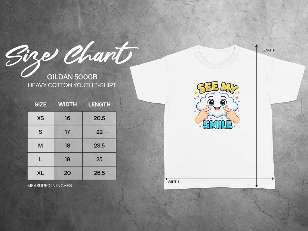 Gildan 5000B Heavy Cotton Youth T-Shirt size chart with measurements.