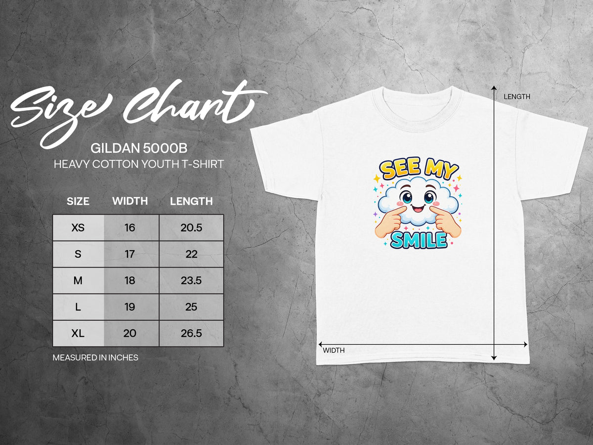 Gildan 5000B Heavy Cotton Youth T-Shirt size chart with measurements.