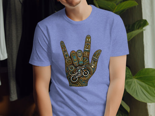 Purple t-shirt featuring a hand making rock-on gesture with motorcycle and ornate designs.