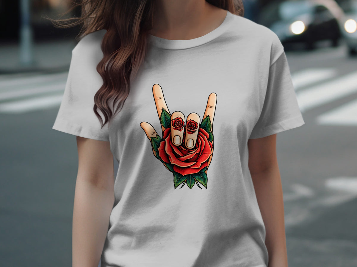 White t-shirt with a rock and roll hand gesture and a red rose design.