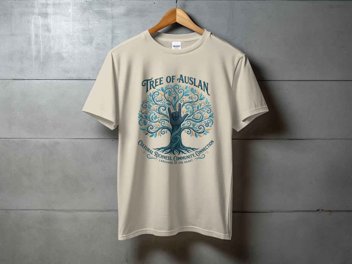 Tree of Auslan t-shirt with a tree design, hand gesture, and text.