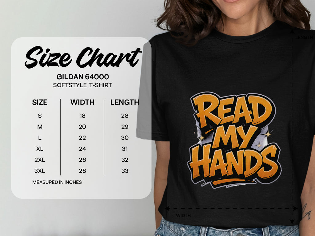 Gildan 64000 Softstyle t-shirt size chart with width and length in inches.