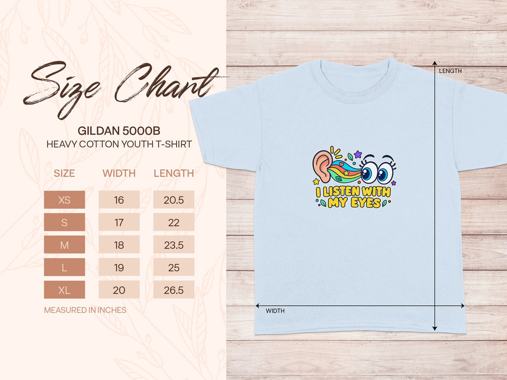 Gildan 5000B youth t-shirt size chart with measurements for width and length.