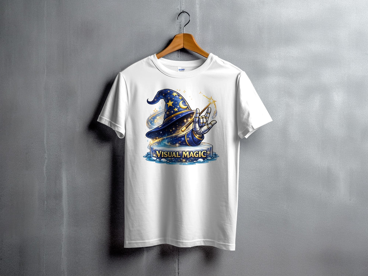White t-shirt featuring a celestial wizard hat, robotic hand, and "Visual Magic" text.