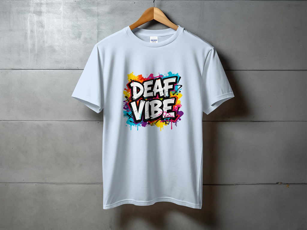 Light blue t-shirt with colorful graffiti-style "DEAF VIBE" text graphic.