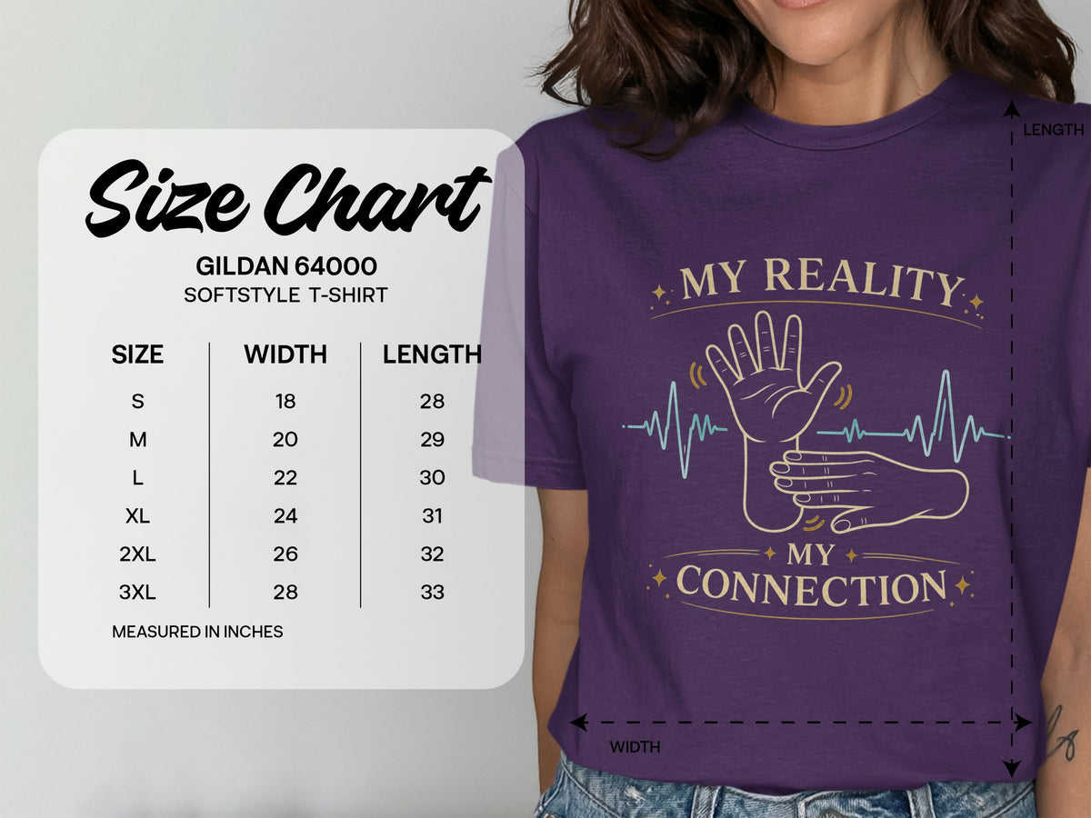 Purple t-shirt with "My Reality My Connection" graphic and Gildan size chart.