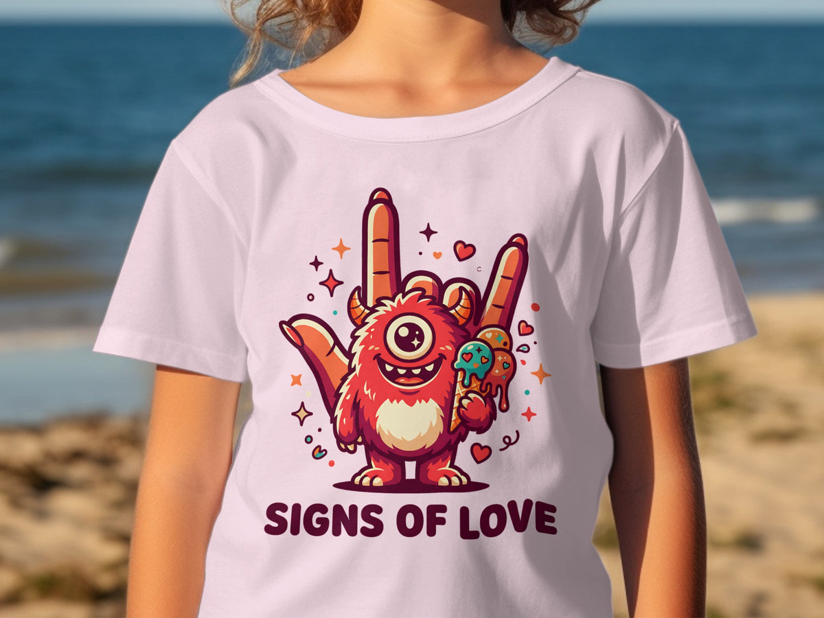 Red monster with horns and ice cream on t-shirt with "SIGNS OF LOVE" text.