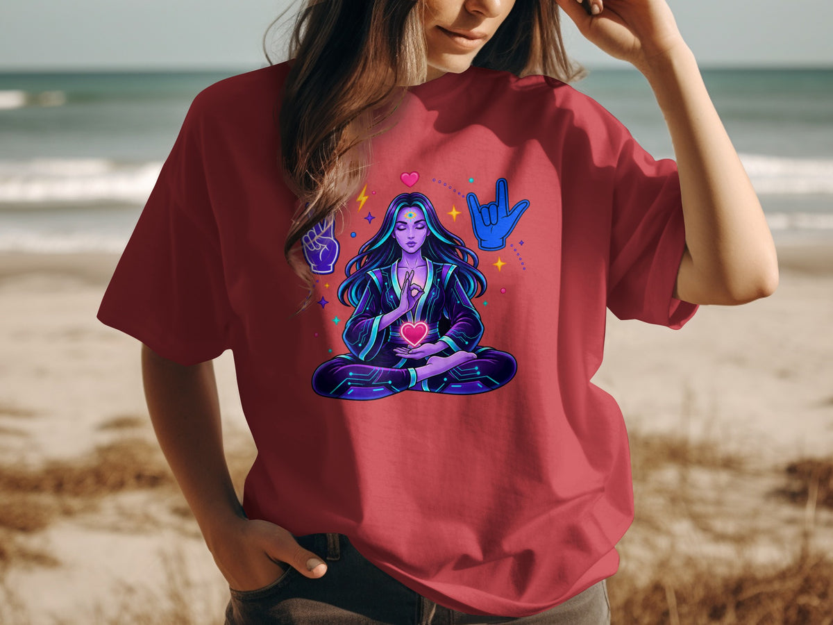 T-shirt graphic of a meditating woman with a heart, peace, and rock-on hand symbols.