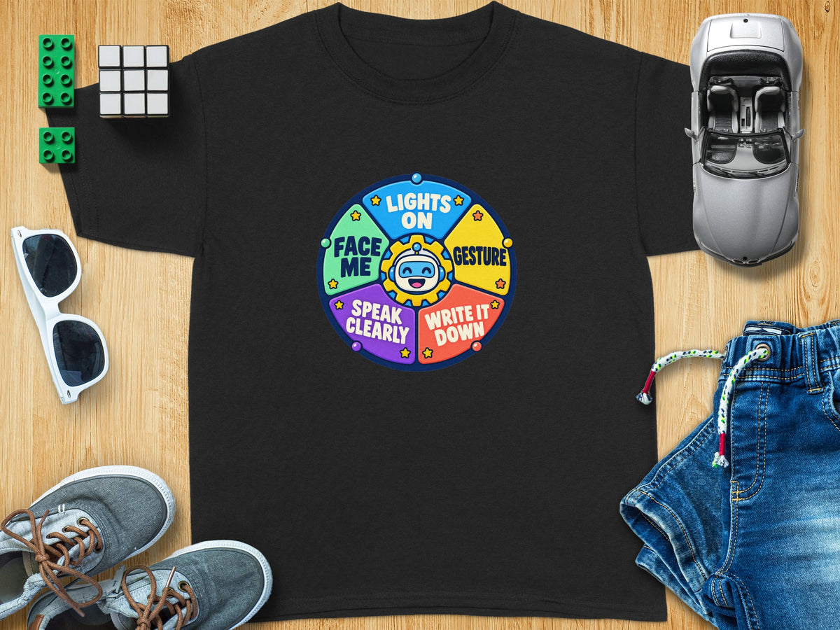 Black t-shirt with a colorful circular graphic of a robot and text.