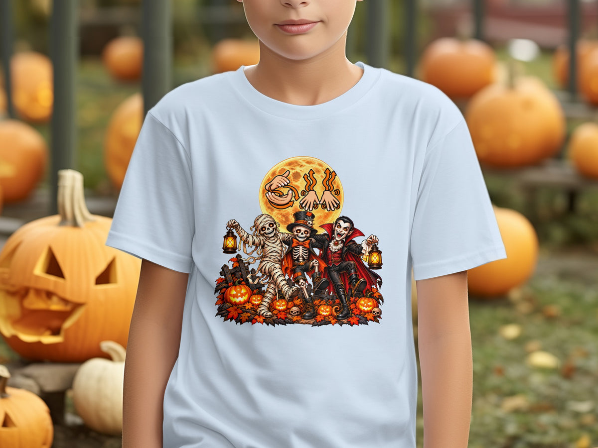 Halloween characters mummy, skeleton, and vampire with lanterns on a pumpkin patch.