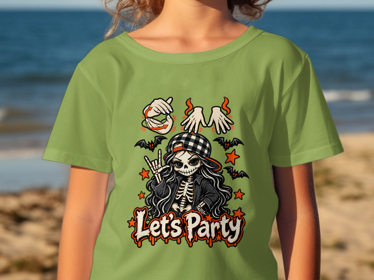Skeleton girl with bats, stars, and "Let's Party" text on a lime green t-shirt.