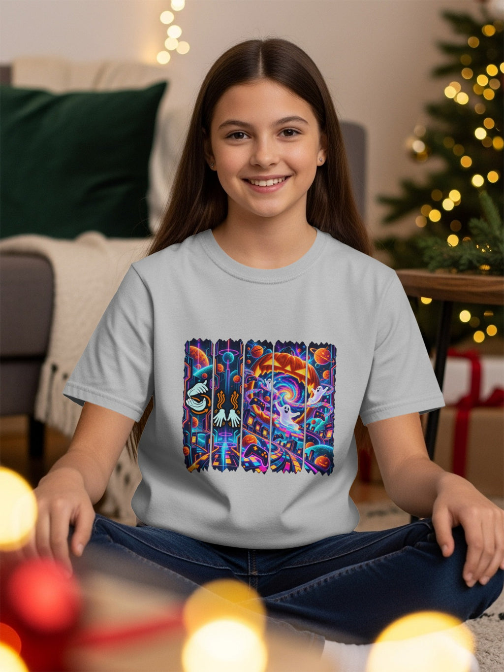 Girl in light gray t-shirt with colorful, abstract graphic featuring ghosts, pumpkins, and planets.