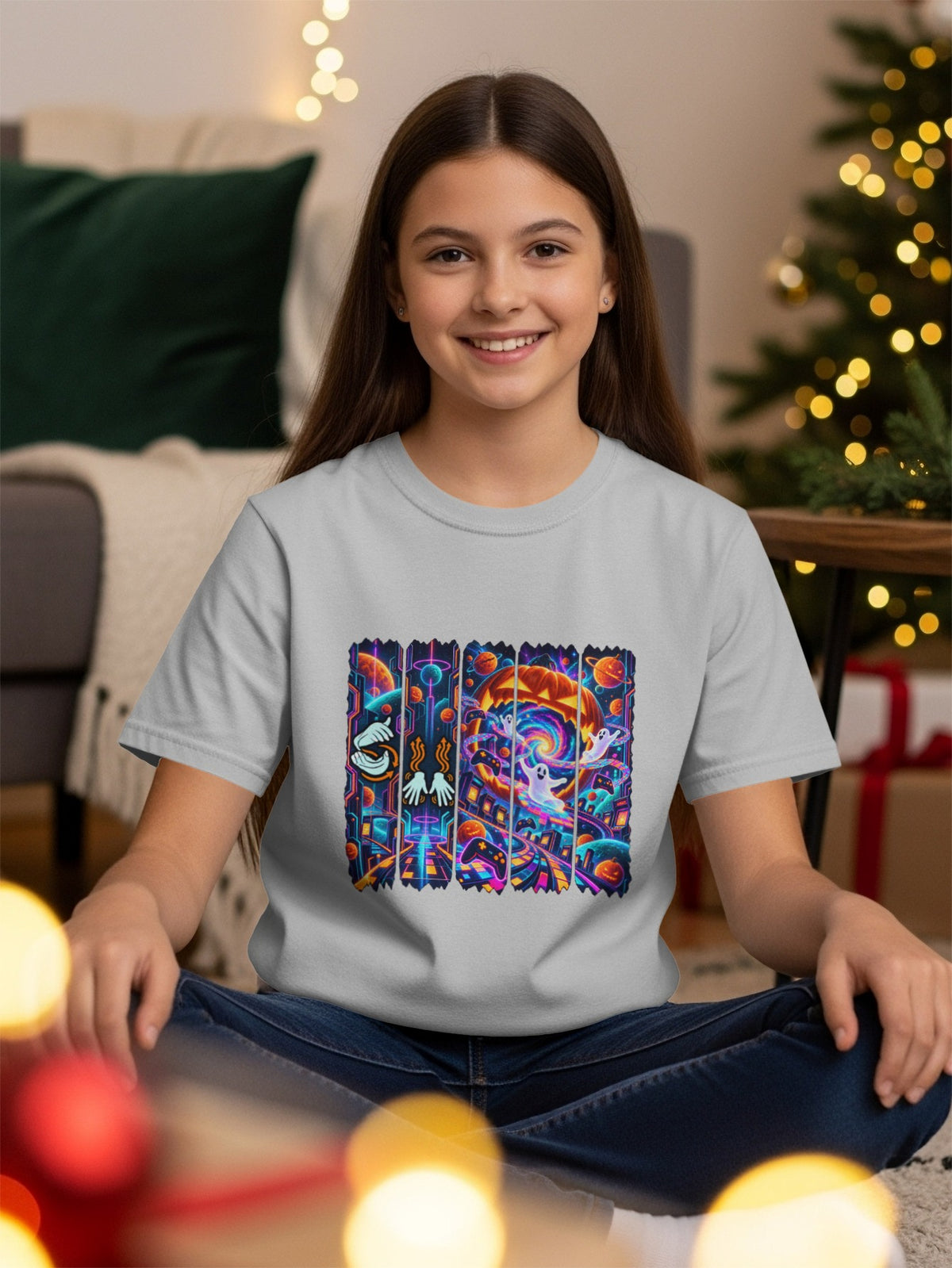 Girl in light gray t-shirt with colorful, abstract graphic featuring ghosts, pumpkins, and planets.