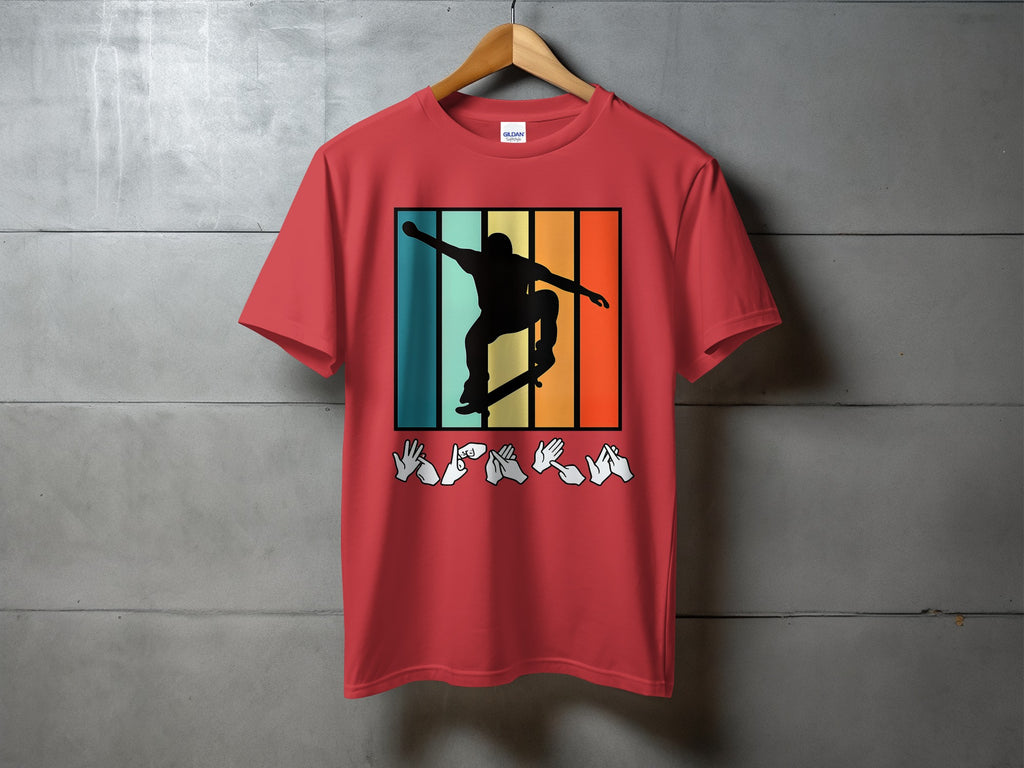 Red t-shirt with black silhouette of skateboarder and ASL hand signs.