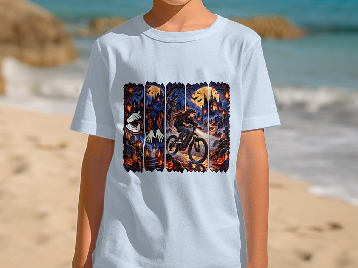 Halloween t-shirt design with a girl biking through a spooky graveyard at night.