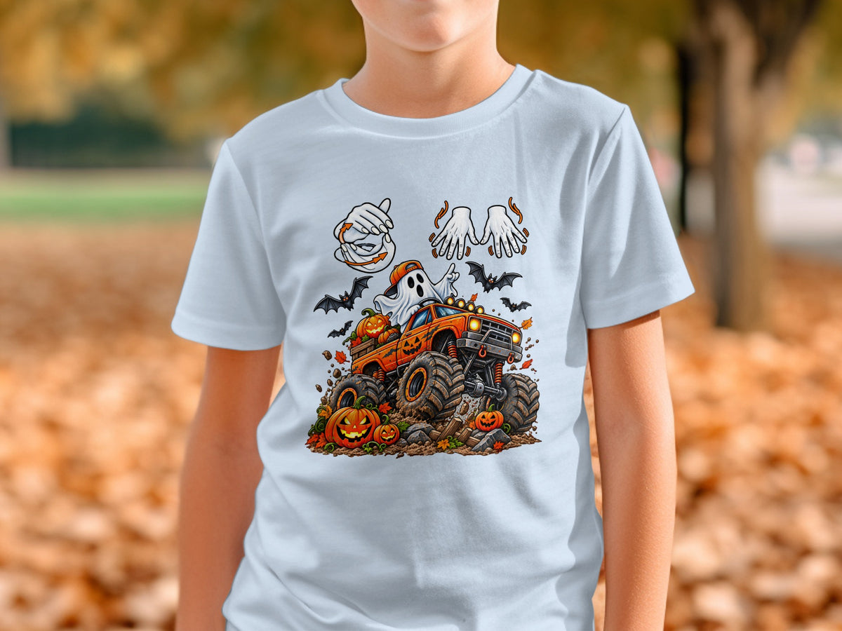 White t-shirt with Halloween monster truck, ghost, pumpkins, bats, and hands graphics.