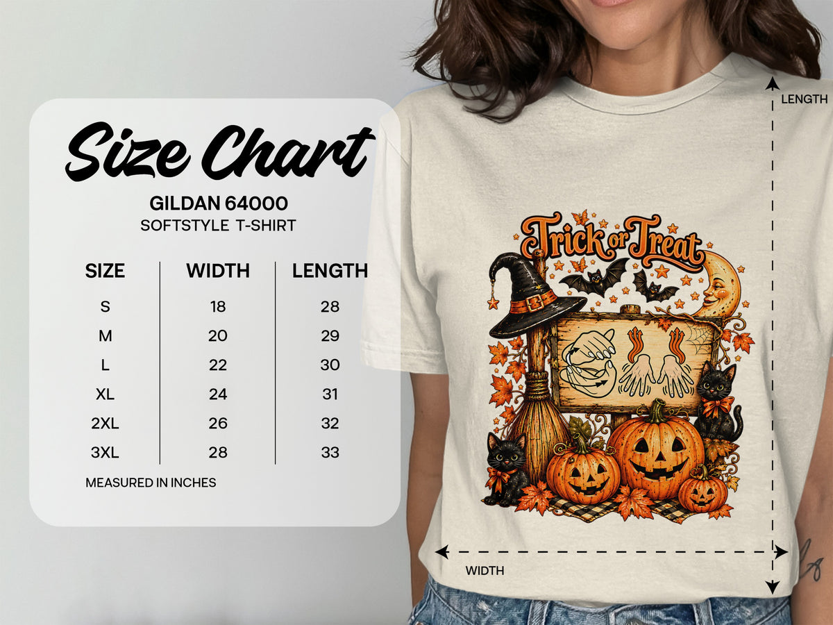 Gildan 64000 softstyle t-shirt size chart with Halloween graphic.