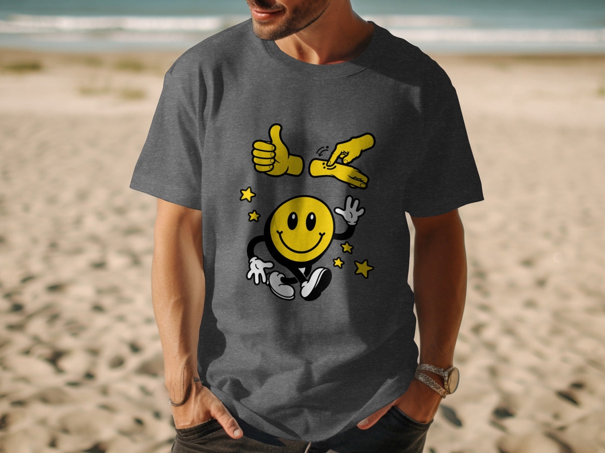 T-shirt with a yellow smiley face and a hand giving a thumbs-up.