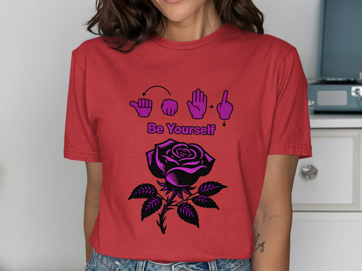 Red t-shirt with "Be Yourself" text above a black and purple rose and sign language hands.
