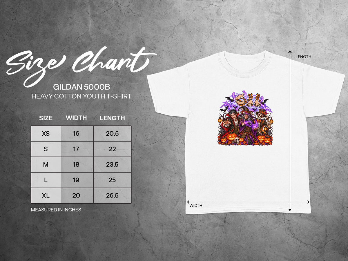 Gildan 5000B youth t-shirt size chart with width and length measurements.