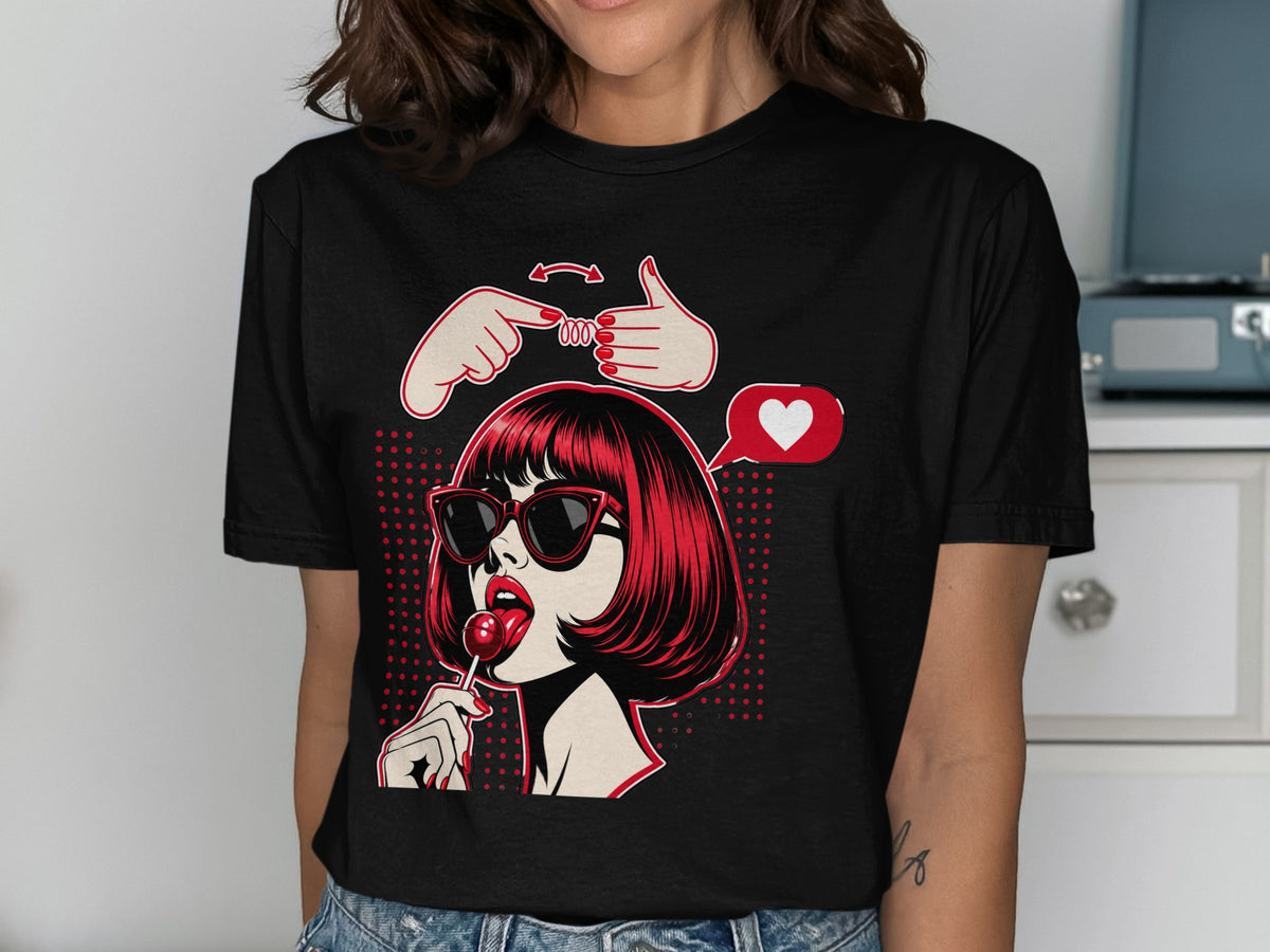 Graphic of woman with red hair and sunglasses eating lollipop, with sign language and heart symbol.