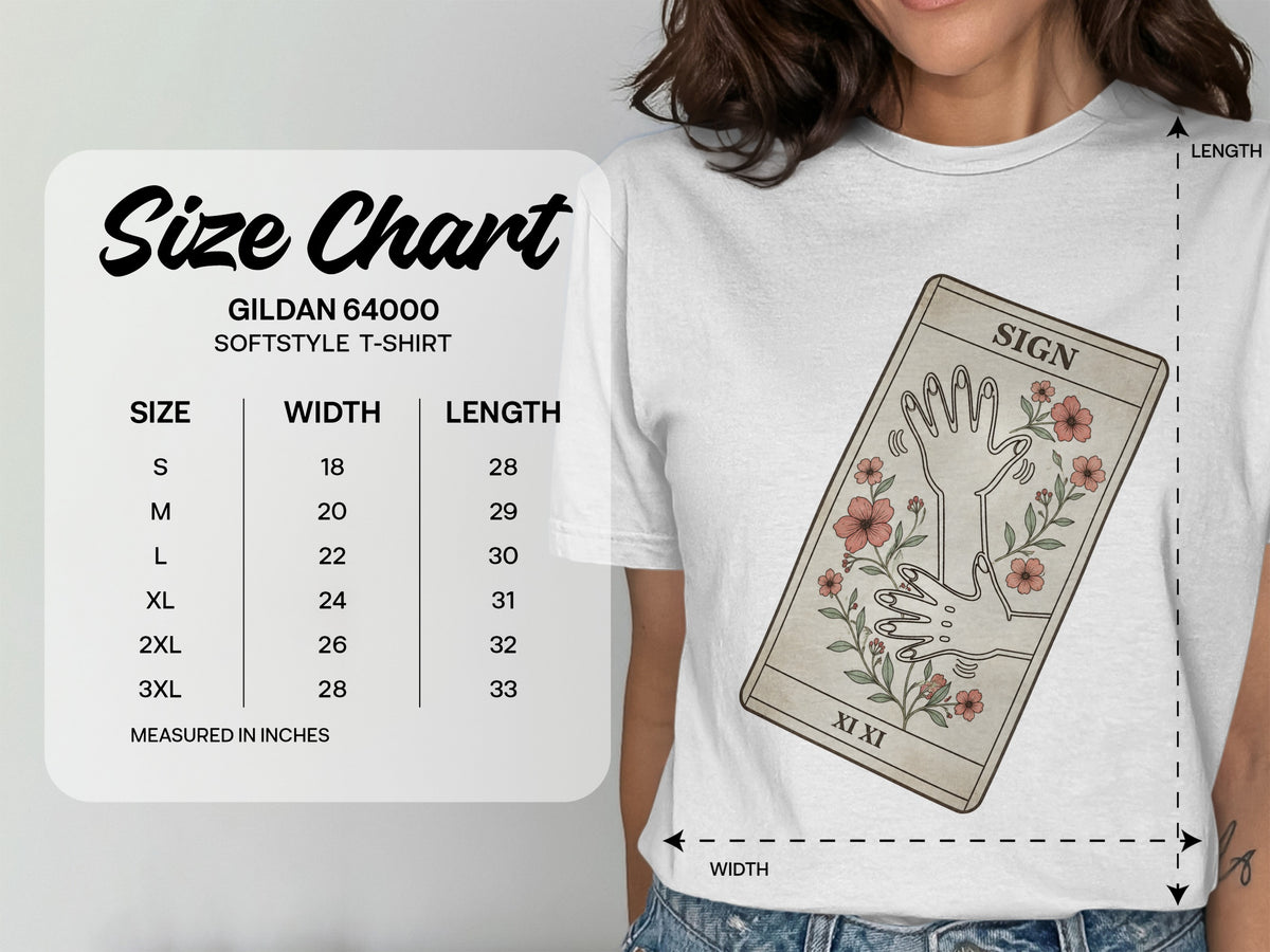 Gildan 64000 Softstyle T-shirt size chart showing width and length in inches.