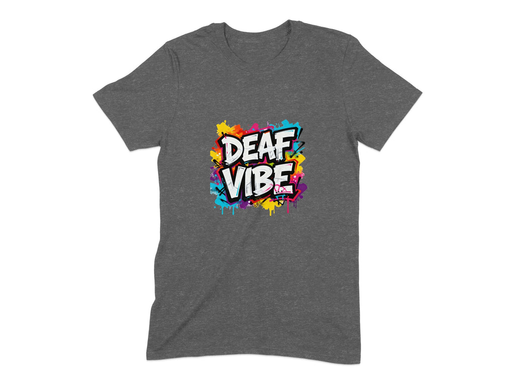 Dark gray t-shirt with "DEAF VIBE" in graffiti-style text with colorful paint splashes.