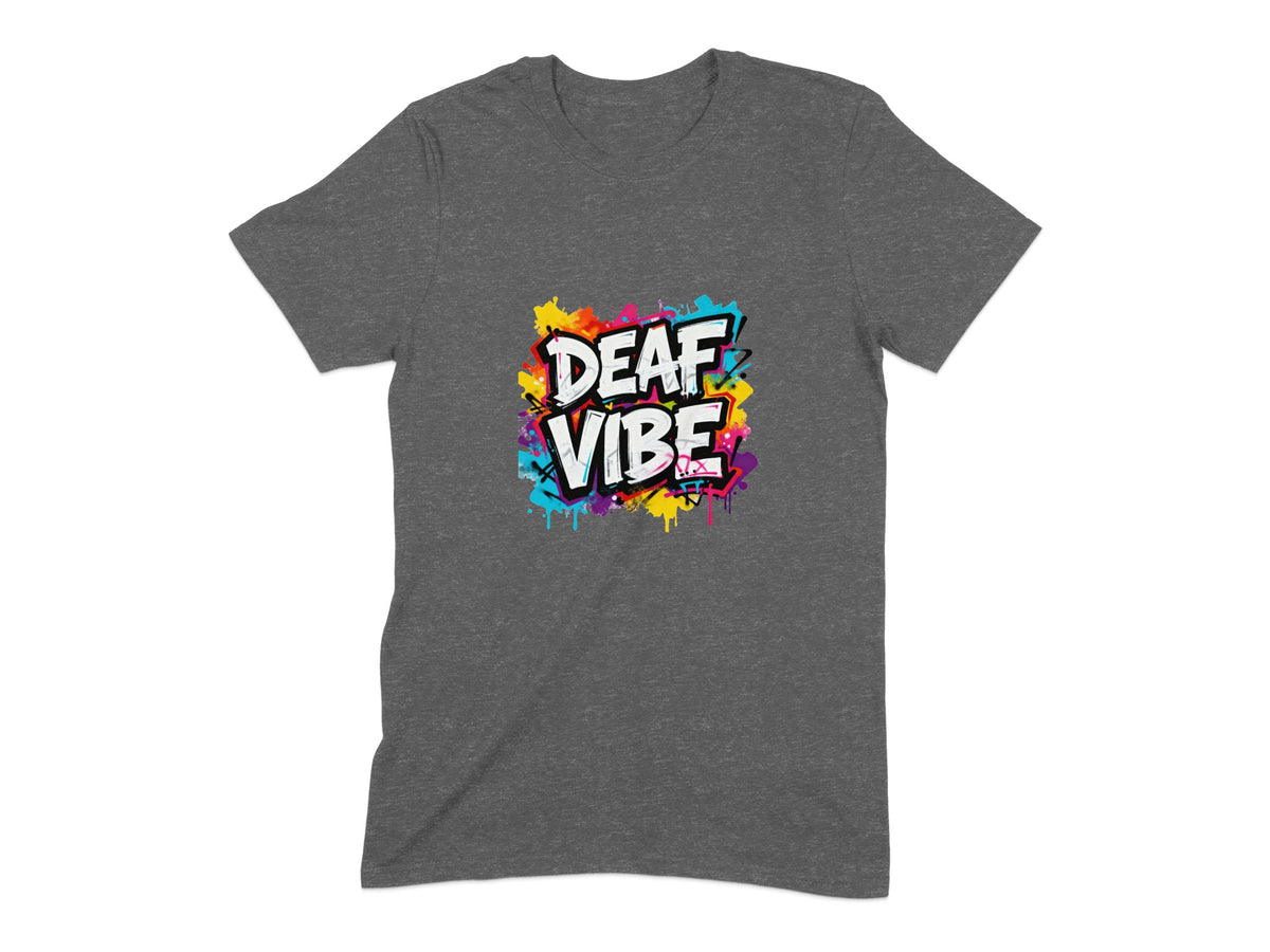 Dark gray t-shirt with "DEAF VIBE" in graffiti-style text with colorful paint splashes.