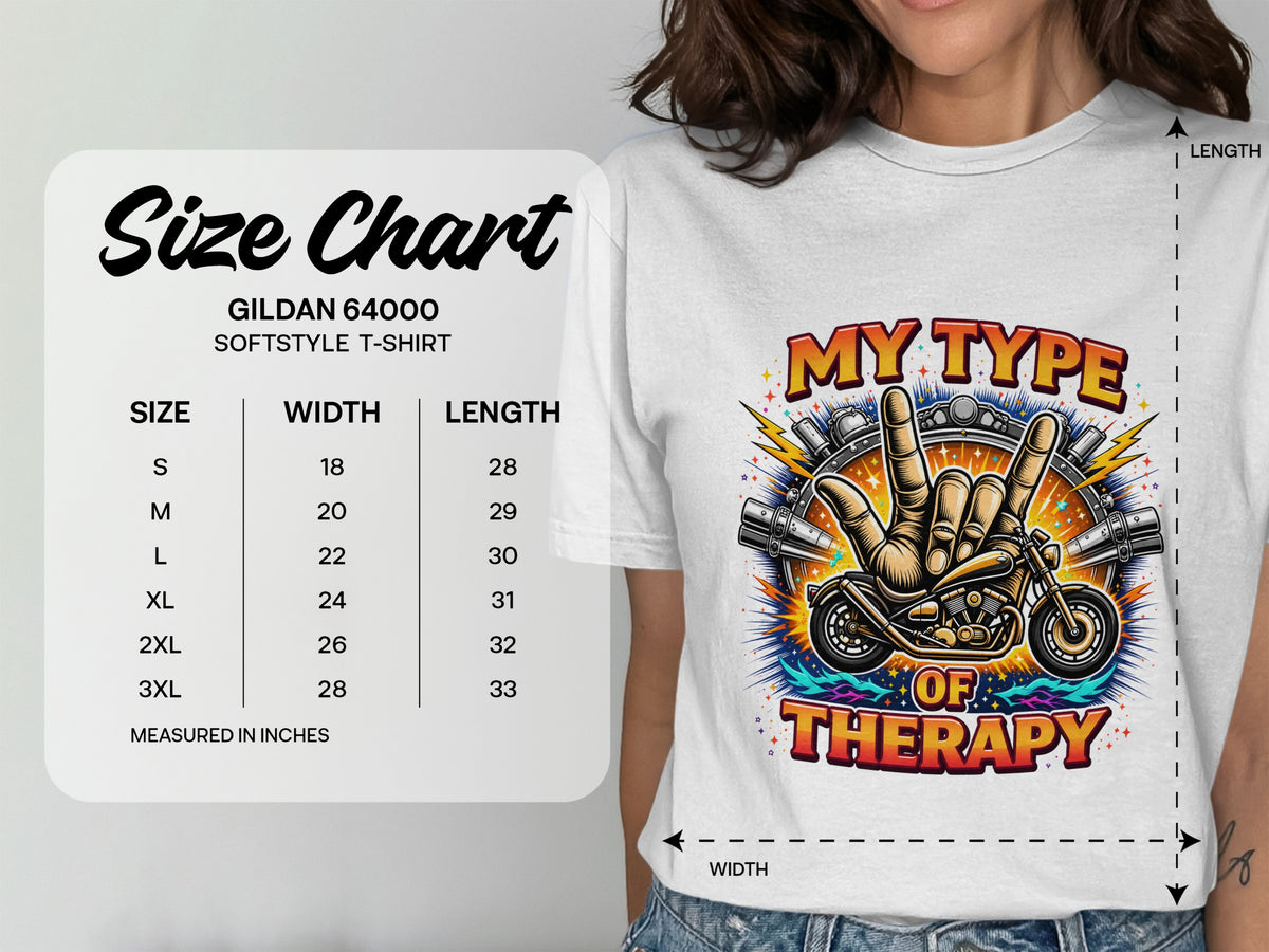 Gildan 64000 size chart with width and length measurements for Softstyle t-shirts.