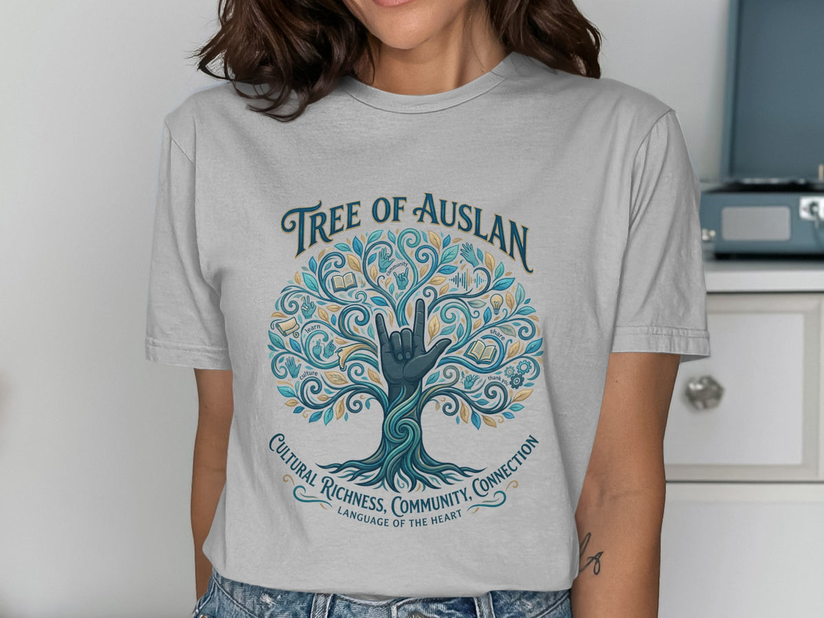Tree of Auslan with ASL hand, cultural richness, community, connection text.
