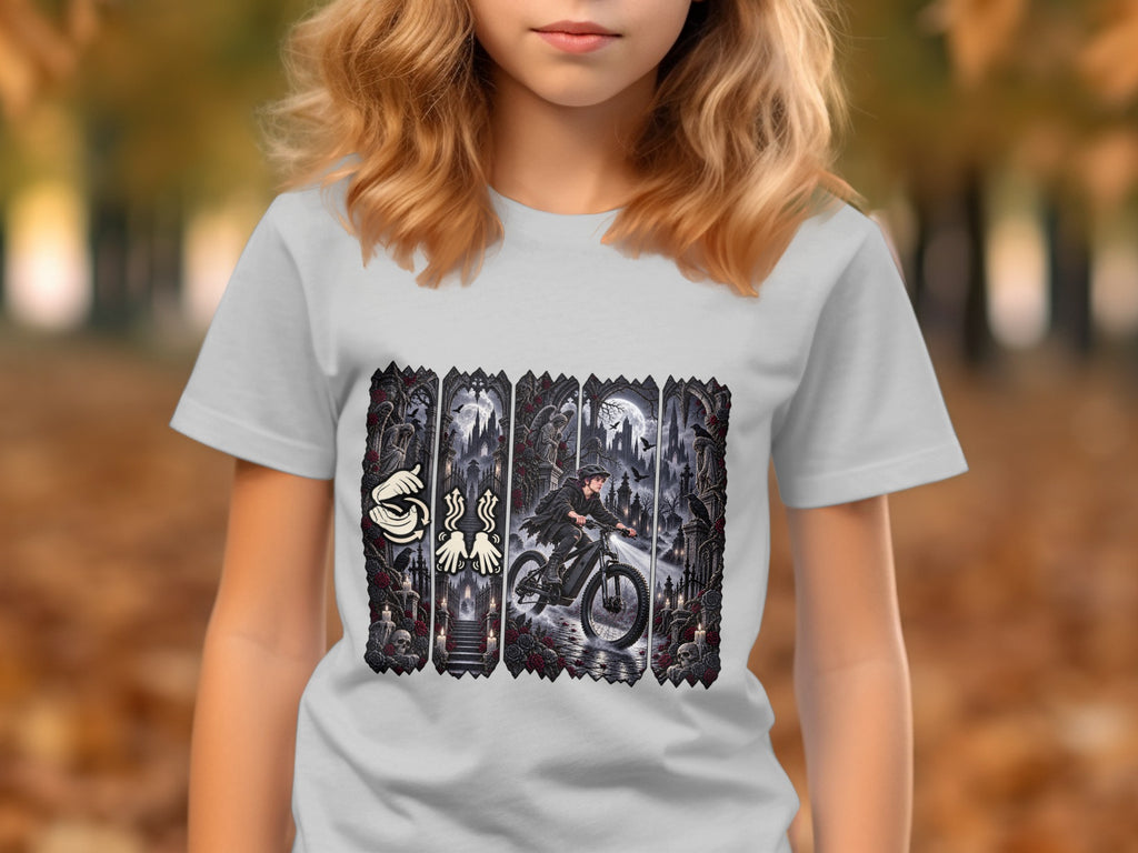 T-shirt with a gothic illustration of a person riding a bicycle in a cemetery.