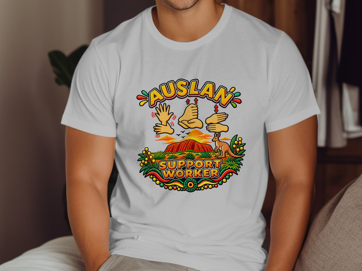 AUSLAN SUPPORT WORKER graphic with kangaroo and Uluru at sunset.