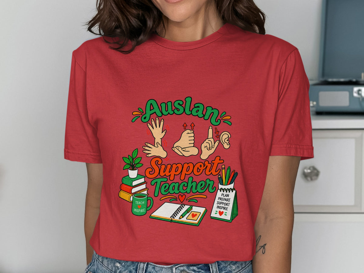 Auslan Support Teacher graphic with ASL signs, books, and a notepad.