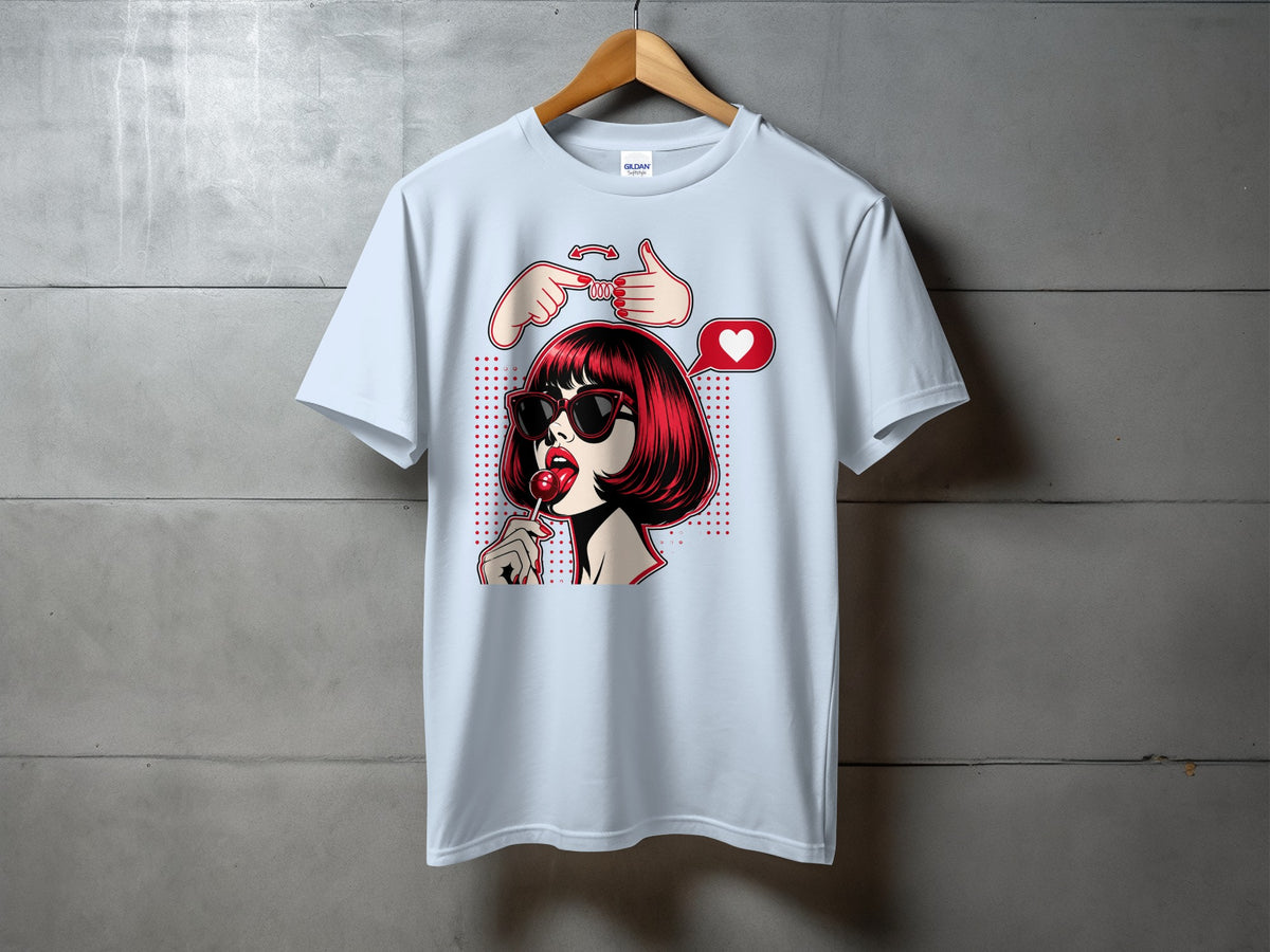 T-shirt with pop art graphic of woman with lollipop and hands forming knot.
