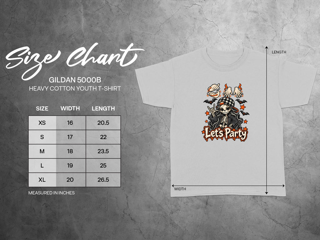Gildan 5000B youth t-shirt size chart with width and length measurements in inches.
