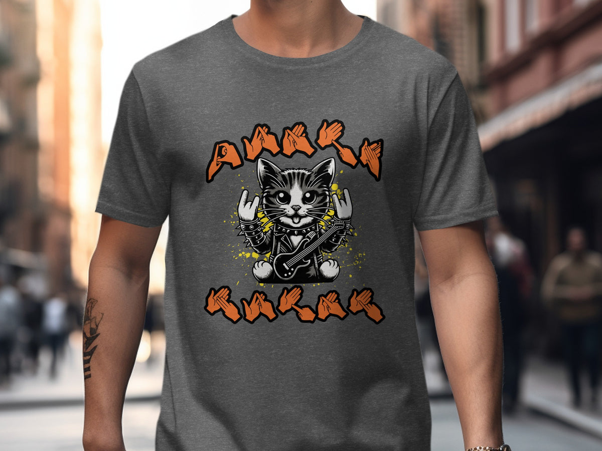 B&W cat wearing leather, playing guitar, with hands spelling "ROCK AND ROLL" on a t-shirt.