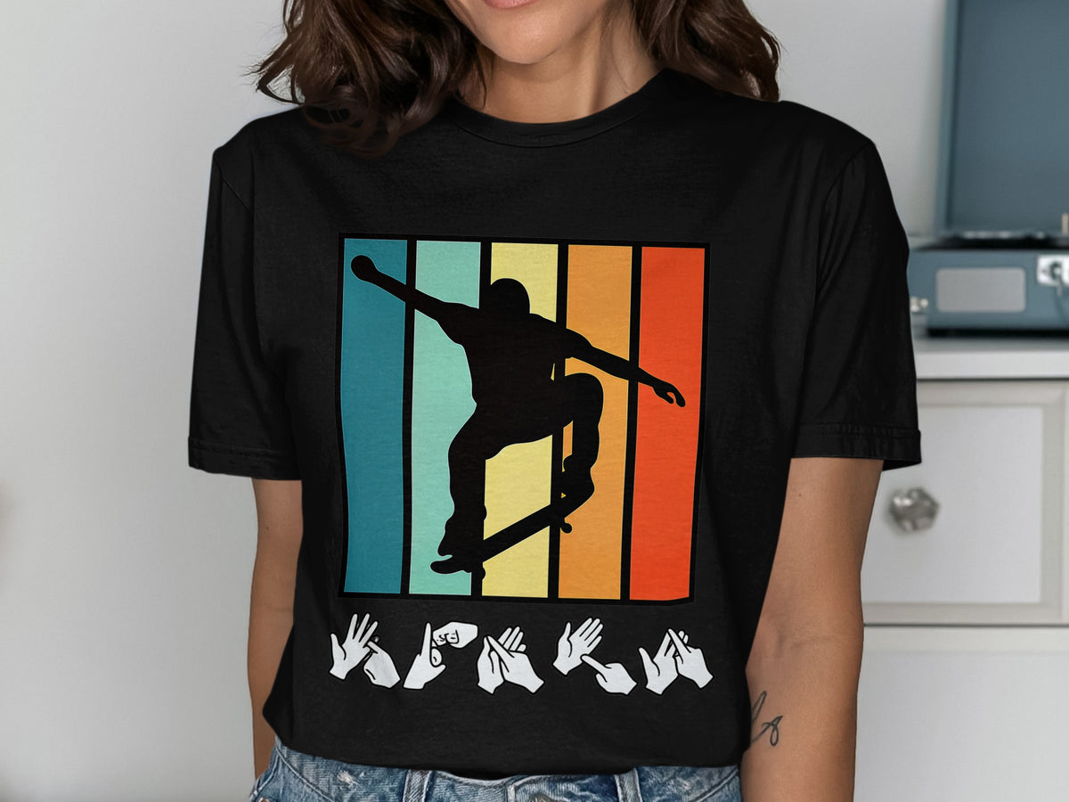 Black t-shirt with vintage stripe background, skateboarder silhouette, and sign language hands.