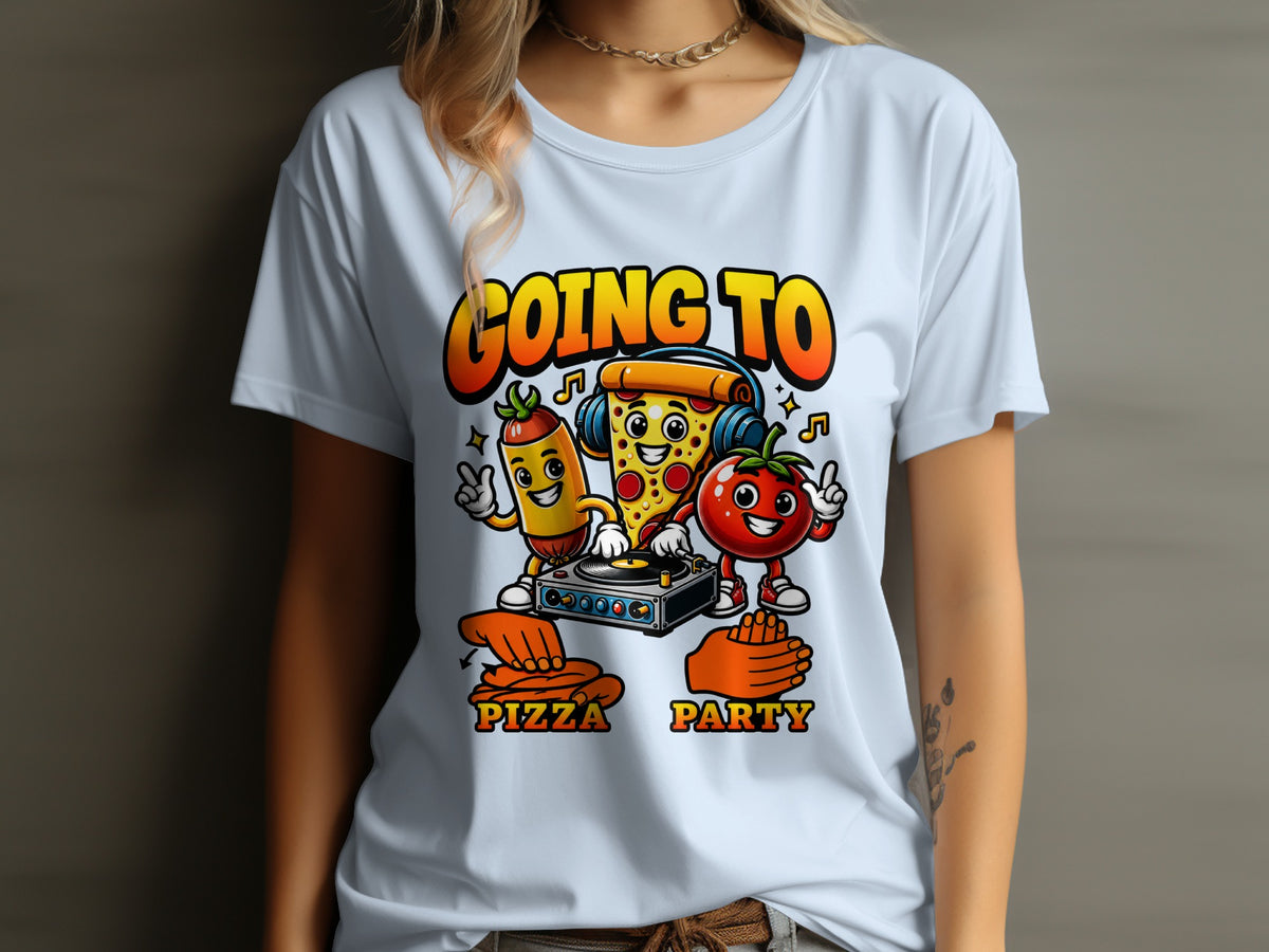 Cartoon hot dog, pizza slice, and tomato DJing with "Going to Pizza Party" text.