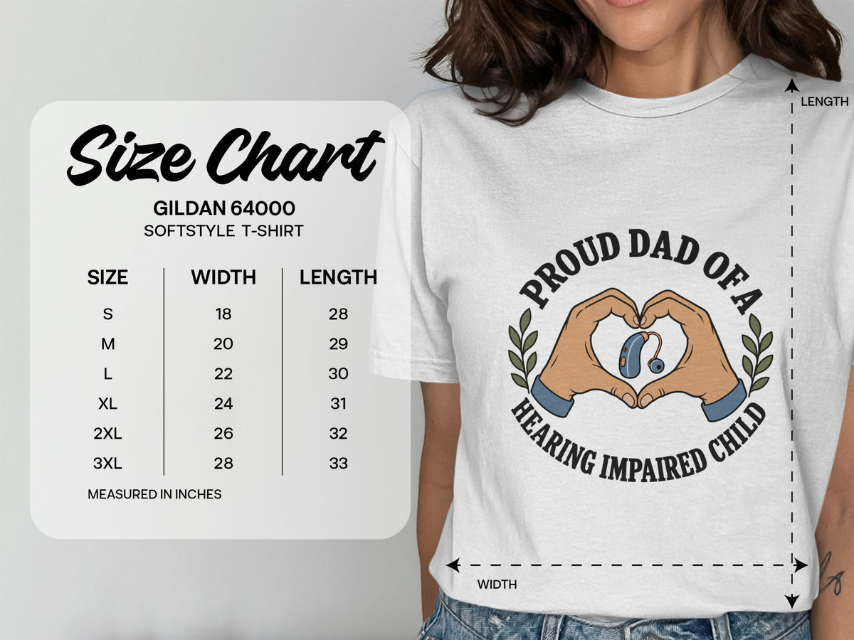 Gildan 64000 softstyle t-shirt size chart showing width and length measurements.