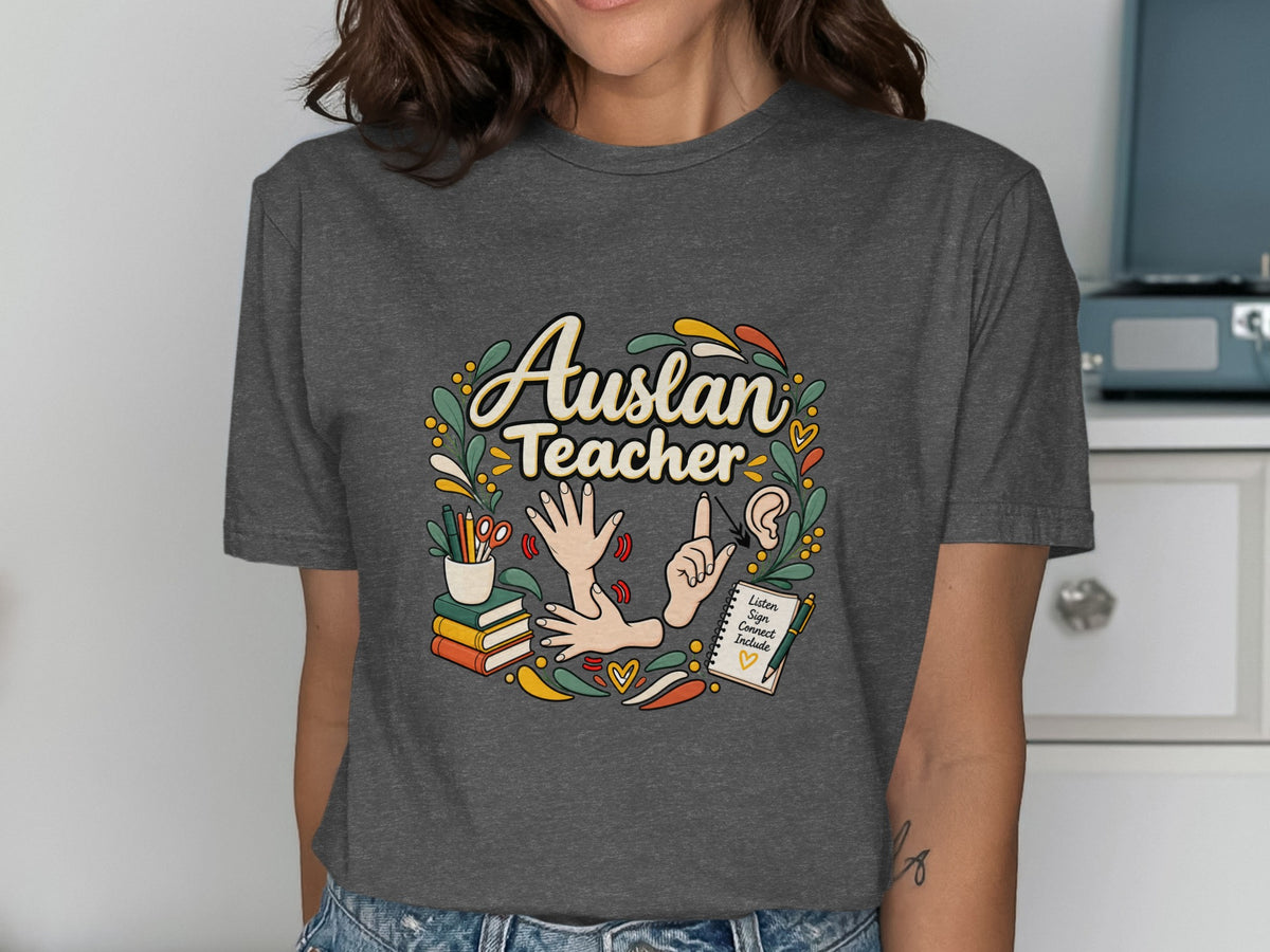 Auslan Teacher graphic with books, hands signing, and a notebook with text.