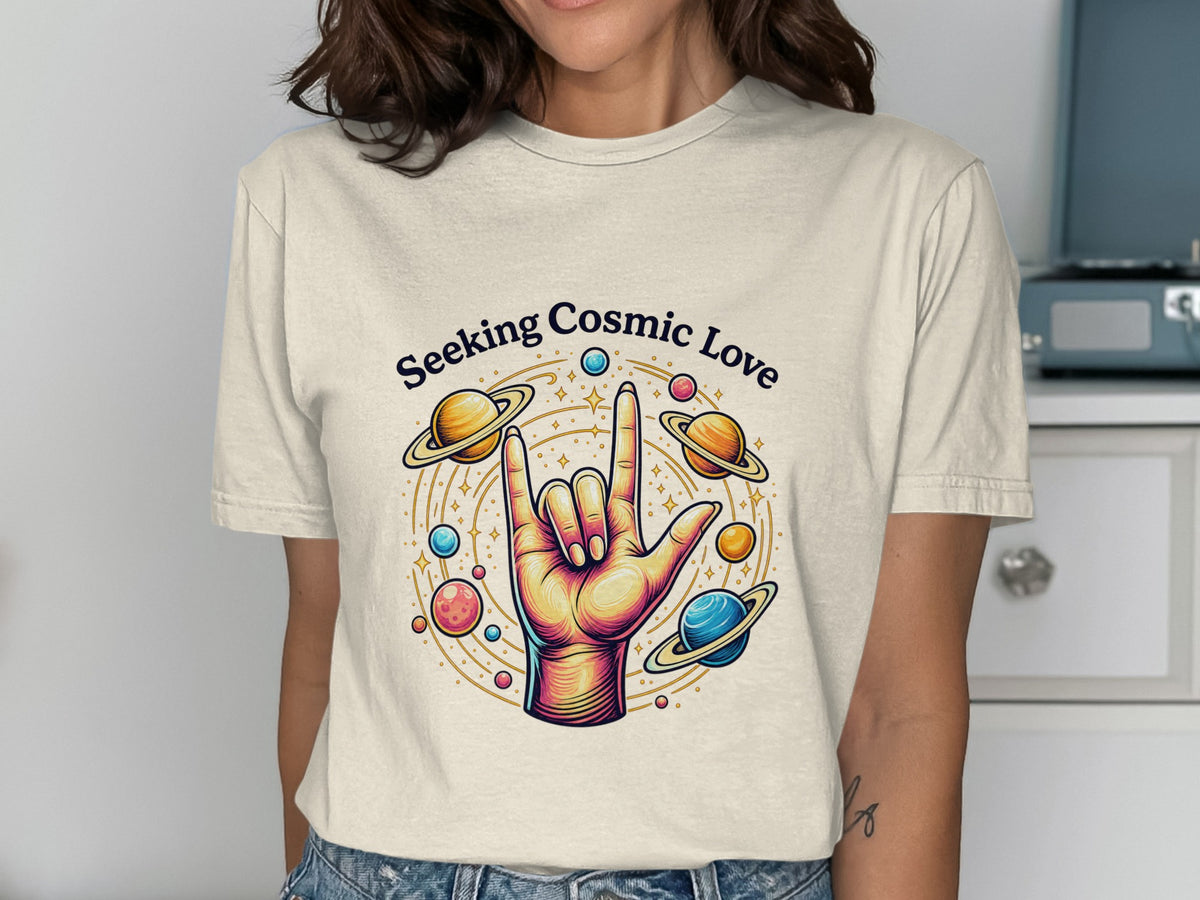Cream t-shirt with "Seeking Cosmic Love" text and hand symbol with planets.
