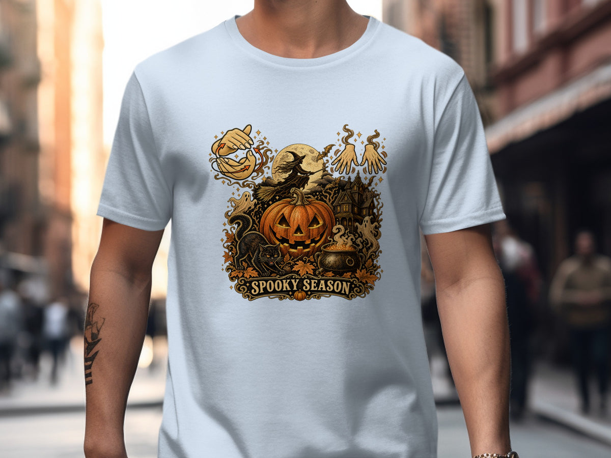 Halloween graphic with pumpkin, witch, black cat, ghosts, and "Spooky Season" text.