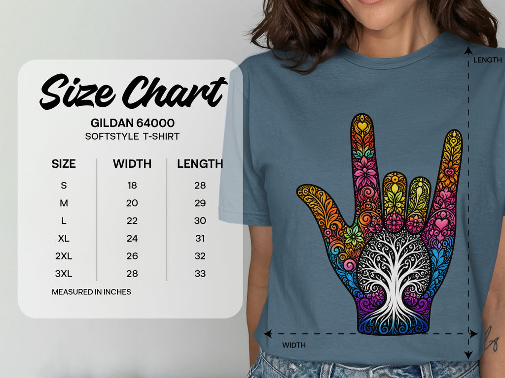 Gildan 64000 Softstyle T-shirt size chart with width and length measurements in inches.