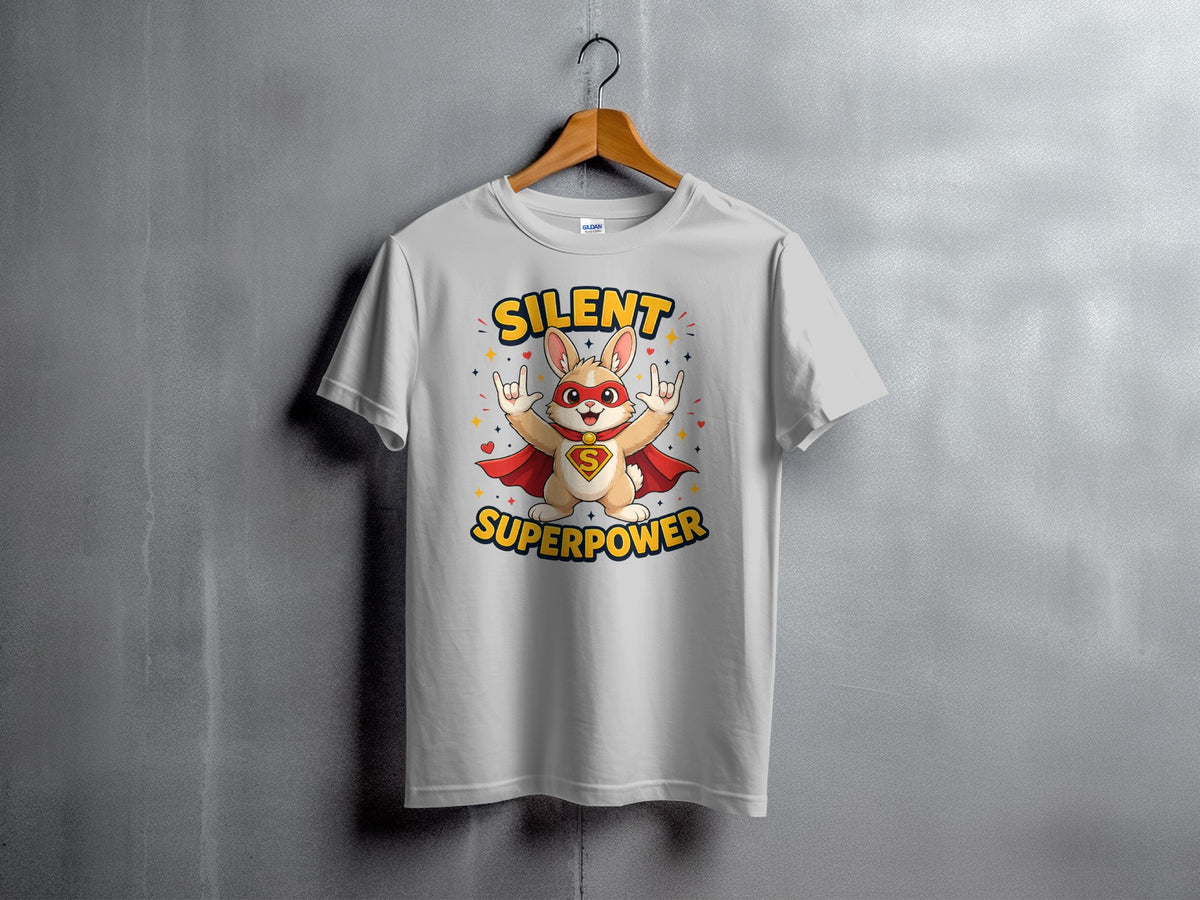 White t-shirt with a superhero bunny graphic and text "SILENT SUPERPOWER".